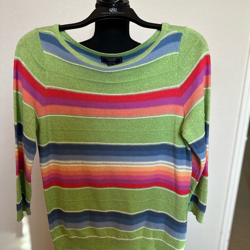 Women's PL sweater 3/4 sleeve bright green multi-color Chaps Ralph Lauren.‎ NWOT